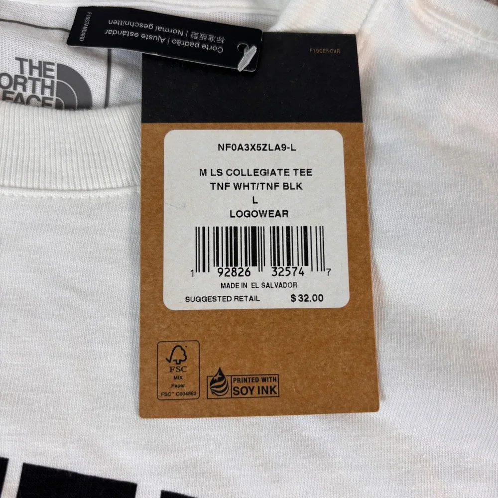 The North Face White Black Colleigiate Long Sleeve Shirt Men's Sz Large NWT Flaw